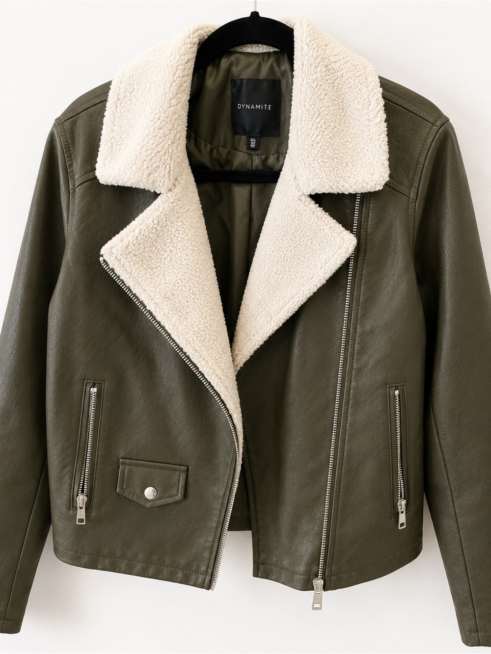 Dynamite Olive Leather Jacket with Cream Sherpa Lining